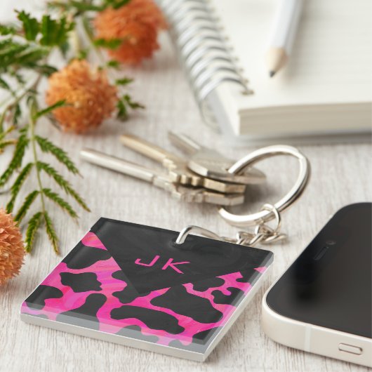 Monogram Koe Hot Pink en zwarte afdrukken Sleutelhanger (Voorkant Rechts)