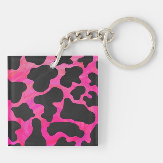 Monogram Koe Hot Pink en zwarte afdrukken Sleutelhanger (Achterkant)