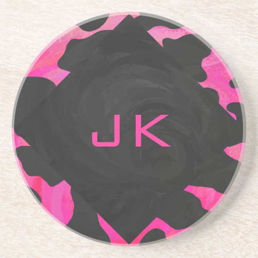 Monogram Koe Hot Pink en zwarte afdrukken Zandsteen Onderzetter (Voorkant)