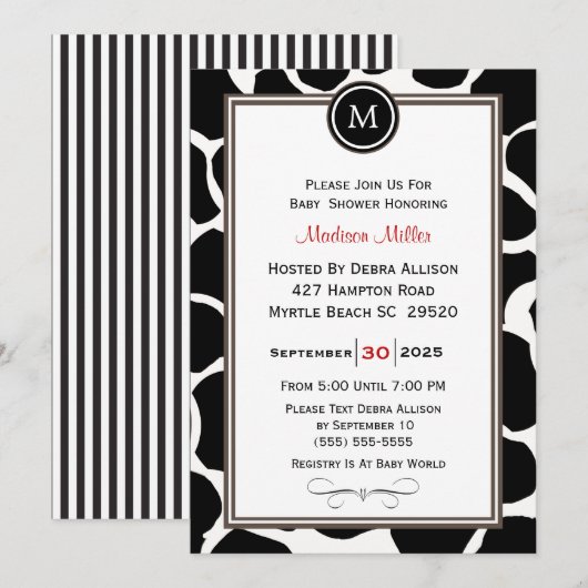 Monogram Koe Patroon en Stripes Baby shower Kaart (Voorkant / Achterkant)