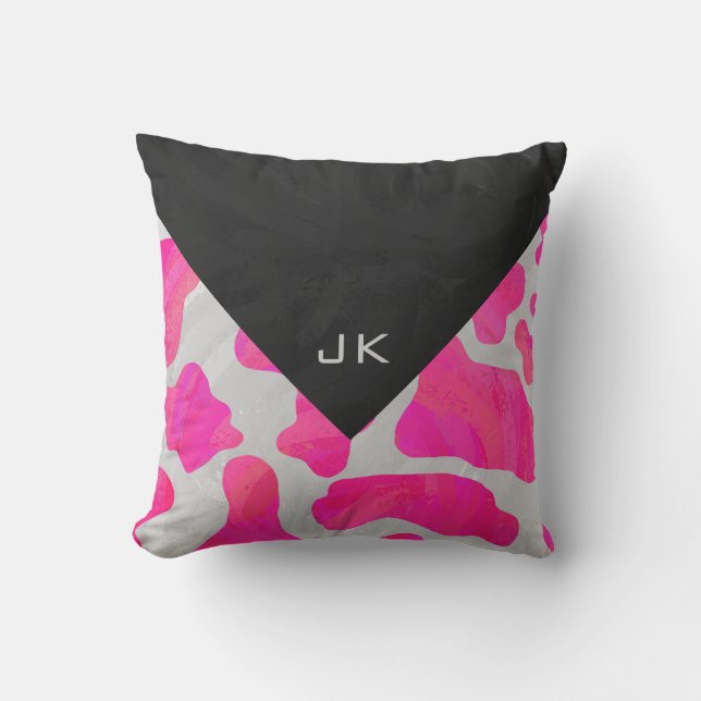 Monogram Koe Roze en Wit Print Kussen (Voorkant)