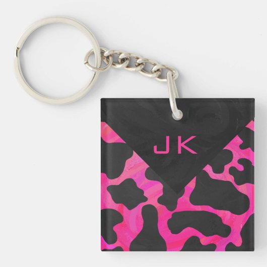 Monogram Koe Roze en Zwarte Print Sleutelhanger (Voorkant)