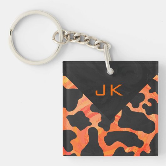 Monogram Koe Zwart en Oranje Print Sleutelhanger (Voorkant)