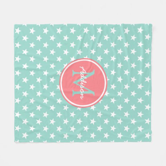 Monogram koel-Aqua en koraalroze sterren Fleece Deken (Voorkant (Horizontaal))