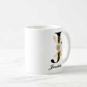 Monogram koffie-Mok - Initiaal J Black Floral Koffiemok (Voorkant rechts)