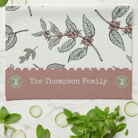 Monogram koffiepatroon Classic plant blauw roze Theedoek (Gevouwen)