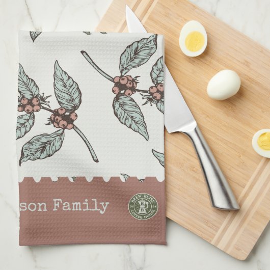 Monogram koffiepatroon Classic plant blauw roze Theedoek (Quarter Fold)