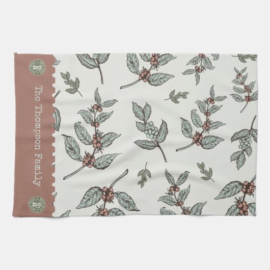 Monogram koffiepatroon Classic plant blauw roze Theedoek (Horizontaal)