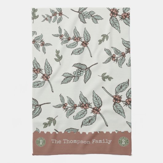 Monogram koffiepatroon Classic plant blauw roze Theedoek (Verticaal)