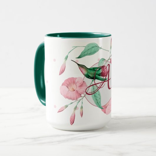Monogram Kolibrie Roze Mint Bloemendecoratie Mok (Voorkant links)