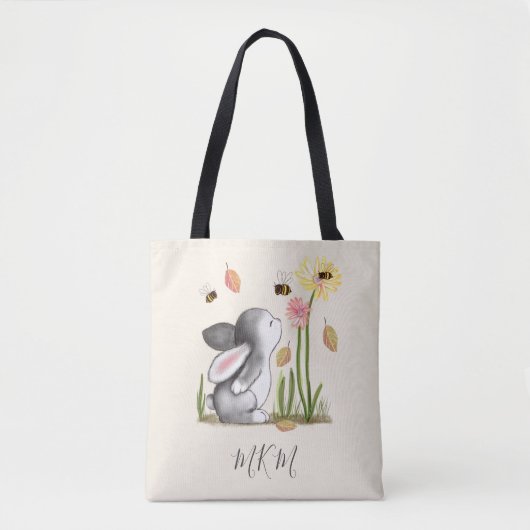 Monogram konijntje canvas tas off wit (Voorkant)