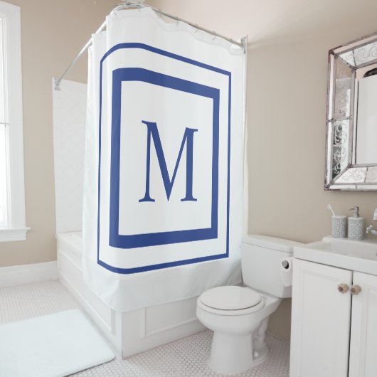 Monogram koninklijk blauw en wit vierkant grens douchegordijn (In situ)