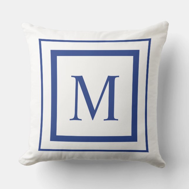 Monogram koninklijk blauw en wit vierkant grens kussen (Voorkant)