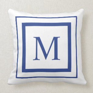 Monogram koninklijk blauw en wit vierkant grens kussen