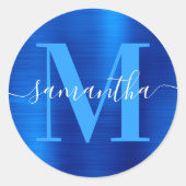 Monogram Koninklijk Blauw Folie Ronde Sticker (Voorkant)
