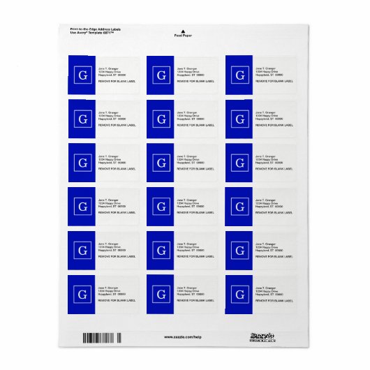 Monogram koninklijk blauw wit omgevormd Initiaal Etiket (Full Sheet)