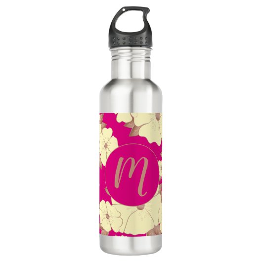 Monogram koper en geel Floral op Fuchsia Pink Waterfles (Voorkant)