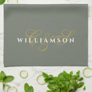 Monogram Koppel Minimalistisch Olijfgroen Goud Wit Theedoek