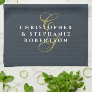 Monogram Koppel Navy Blauwe Goud Witte Minimalisti Theedoek