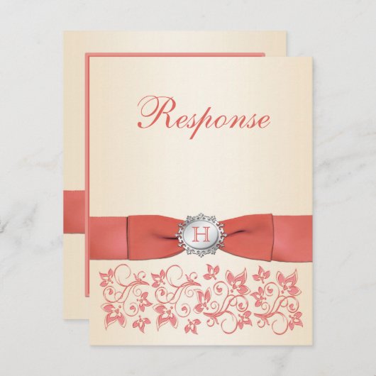 Monogram Koraal Champagne Bloemen Bruiloft RSVP (Voorkant / Achterkant)