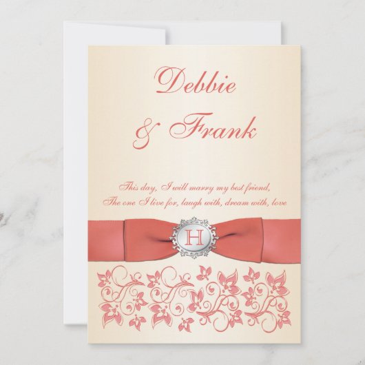 Monogram Koraal Champagne Floral bruiloft uitnodig Kaart (Voorkant)