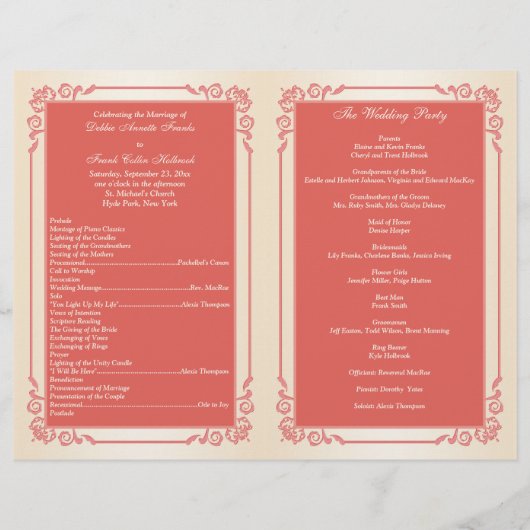 Monogram koraal, Champagne Wedding Programme (Achterkant)
