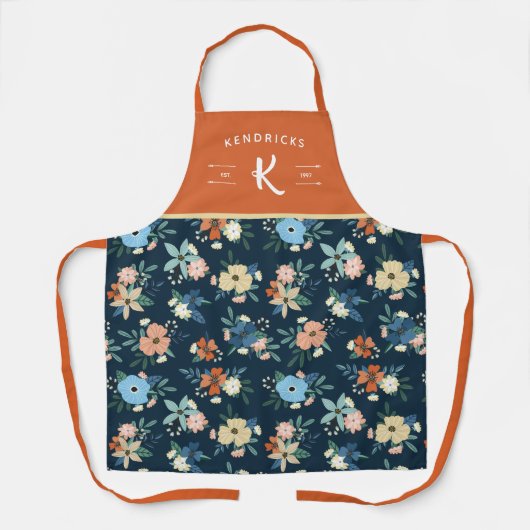 Monogram koraal en blauw flessenpatroon schort (Voorkant)