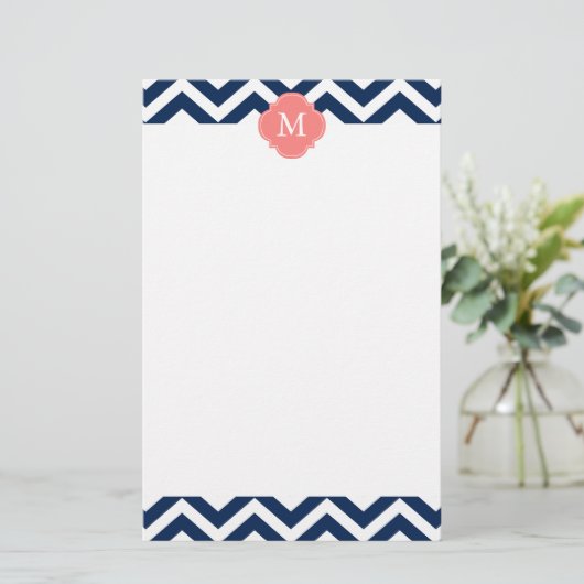 Monogram koraal en blauw Zigzags Briefpapier (Staand voorkant)