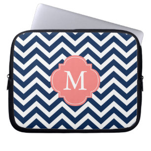 Monogram koraal en blauw Zigzags Laptop Sleeve