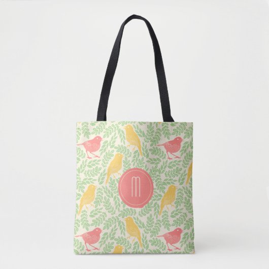 Monogram koraal- en goudvogels tote bag (Voorkant)