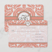 Monogram koraal en grijs Damask Wedding RSVP (Voorkant / Achterkant)