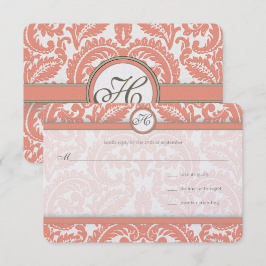 Monogram koraal en grijs Damask Wedding RSVP (Voorkant / Achterkant)