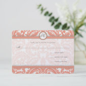 Monogram koraal en grijs Damask Wedding RSVP (Staand voorkant)