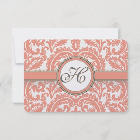 Monogram koraal en grijs Damask Wedding RSVP (Achterkant)