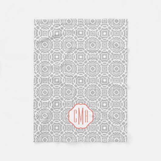 Monogram koraal en grijs Quatrefoil Fleece Deken (Voorkant)