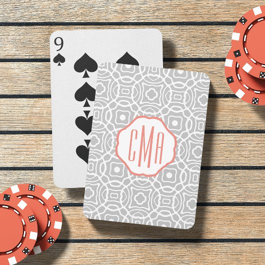 Monogram koraal en grijs Quatrefoil Pokerkaarten