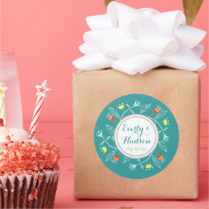 Monogram Koraal en Mint Modern Garland Ronde Sticker