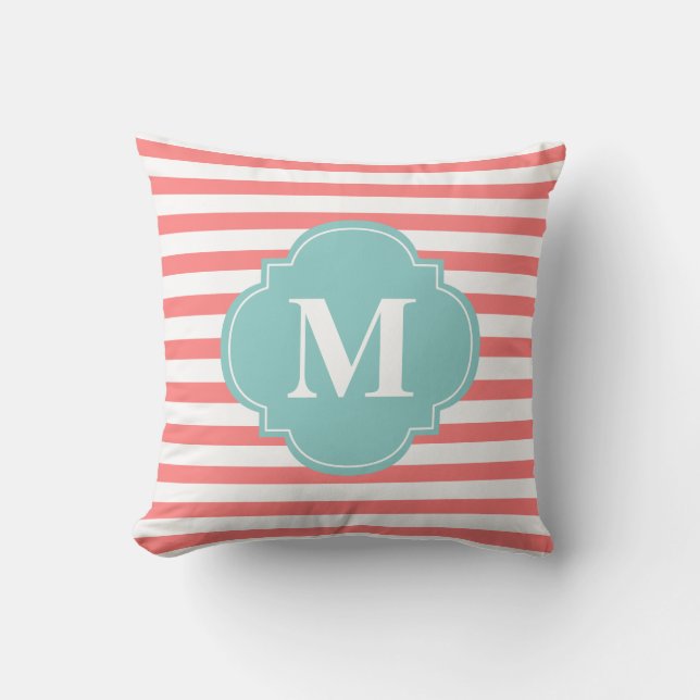 Monogram koraal en mint Stripes Kussen (Voorkant)