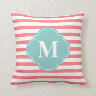 Monogram koraal en mint Stripes Kussen