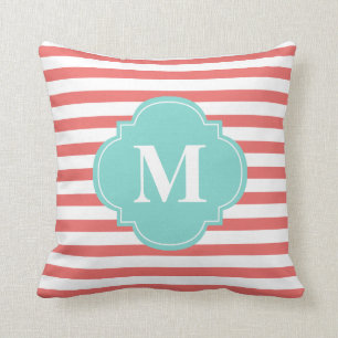 Monogram koraal en mint Stripes Kussen