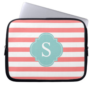 Monogram koraal en mint Stripes Laptop Sleeve