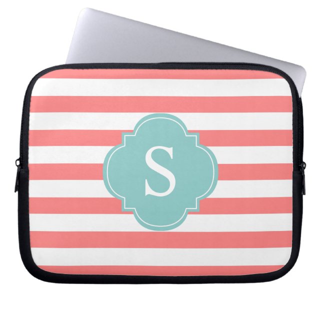Monogram koraal en mint Stripes Laptop Sleeve (Voorkant)