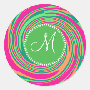 Monogram Koraal Heet Roze Groene Whirlpool Swirl Ronde Sticker