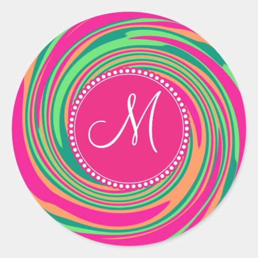 Monogram Koraal Heet Roze Groene Whirlpool Swirl Ronde Sticker (Voorkant)