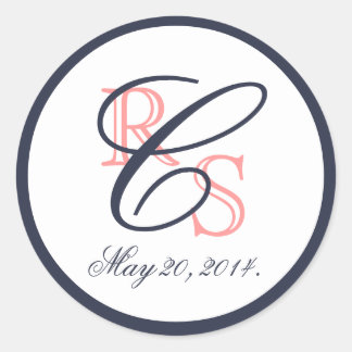 Monogram Koraal Marine Blauw Bruiloft Ronde Sticker