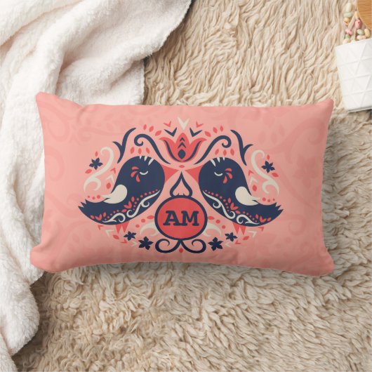 Monogram Koraal Marine Blauw Folk Art Vogels Bloem Kussen (Deken)