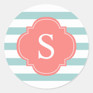 Monogram koraal Mint Stripes Ronde Sticker