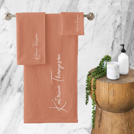Monogram koraal Oranje modern handschrift Bad Handdoek
