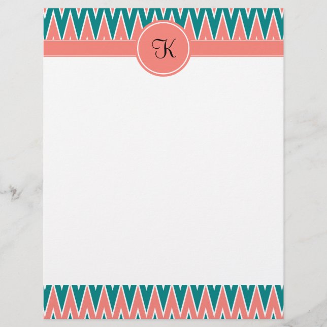 Monogram Koraal Roze en Blauwgroen Zigzag Patroon (Voorkant)