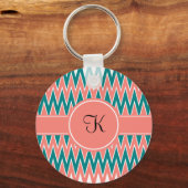 Monogram Koraal Roze en Blauwgroen Zigzag Patroon Sleutelhanger (Voorkant)